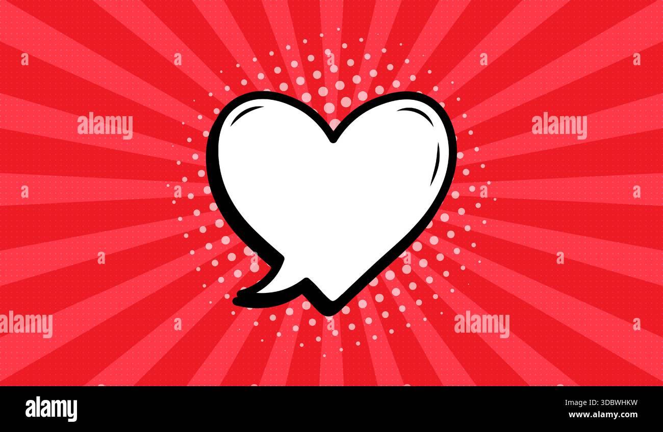 A heart-shaped speech bubble in retro comic style on a red background. Stock Vector