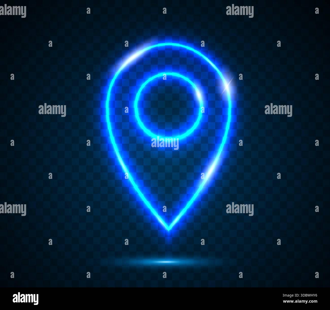 Neon map pin on a transparent dark blue background. A glowing neon ...