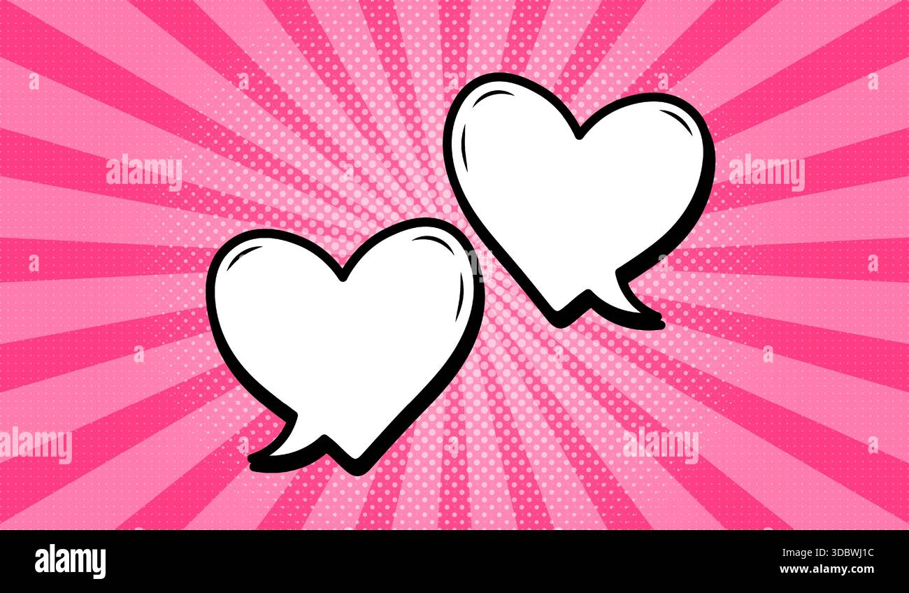 Two heart-shaped speech bubbles in retro comic style on pink background. Stock Vector