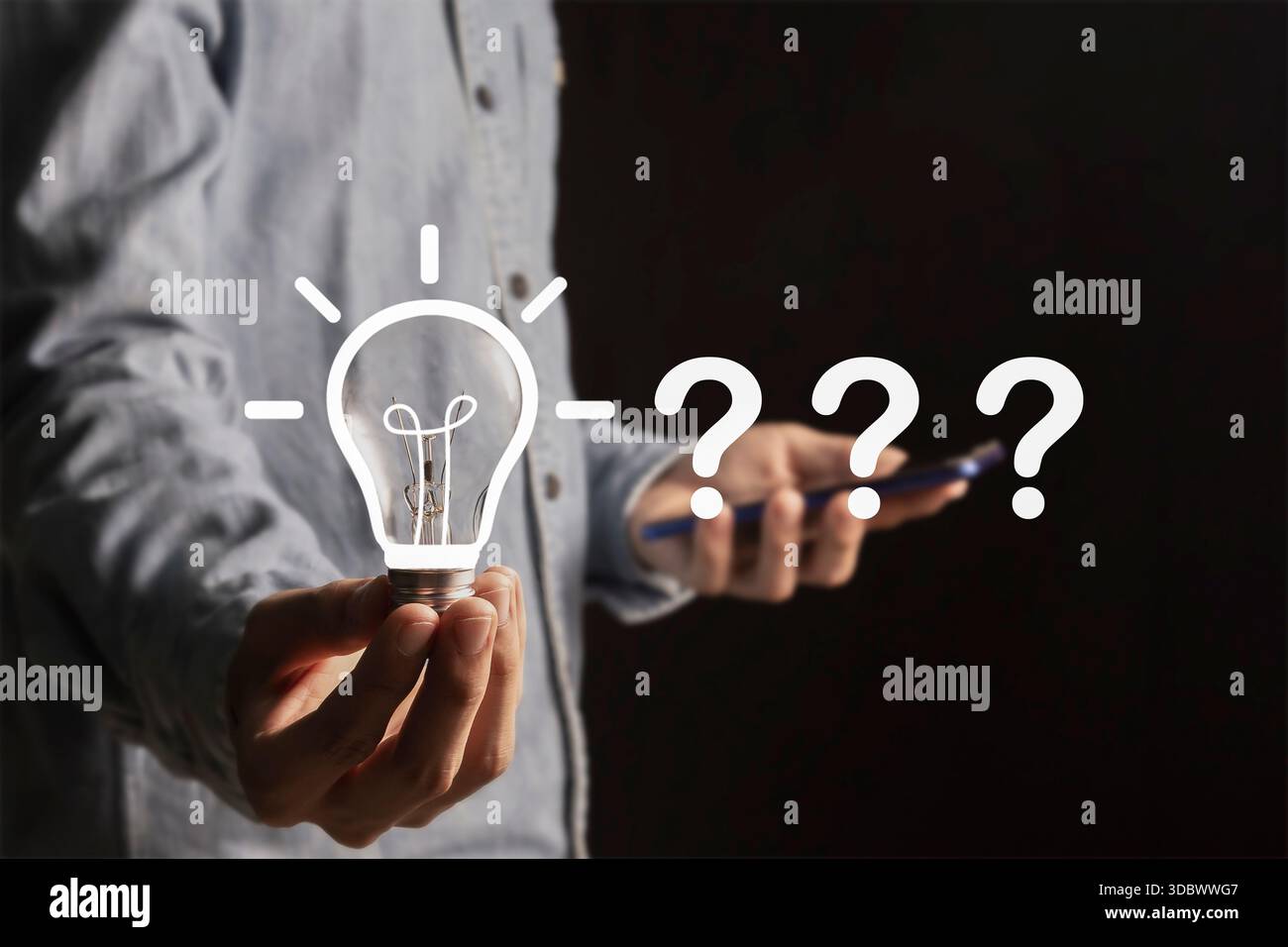 Problem solving concept,creative brainstorming,focus and find a solution. Question mark and light bulb symbolize innovation,thinking and finding answe Stock Photo