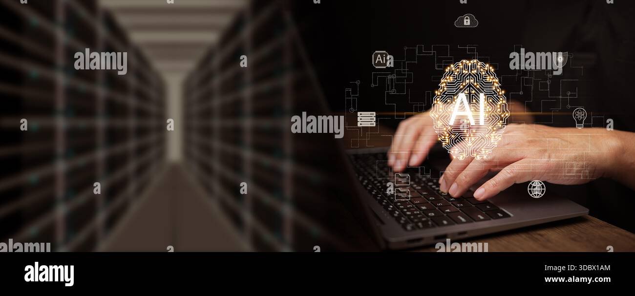 Prompt engineer using artificial intelligence on laptop inside a data center environment, interacting with glowing Ai brain interface. Generative AI, Stock Photo