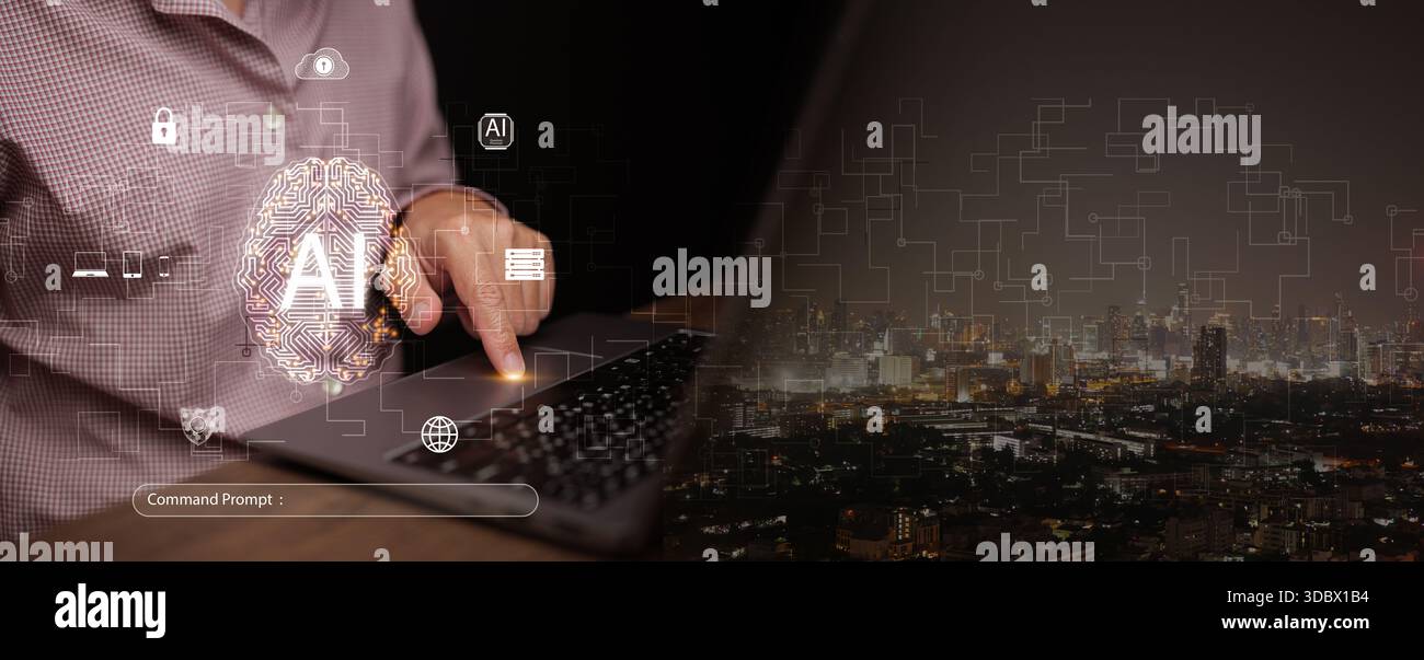 Prompt engineer using artificial intelligence on a laptop, interacting with glowing AI brain interface over a city. Generative AI, command prompts, sm Stock Photo