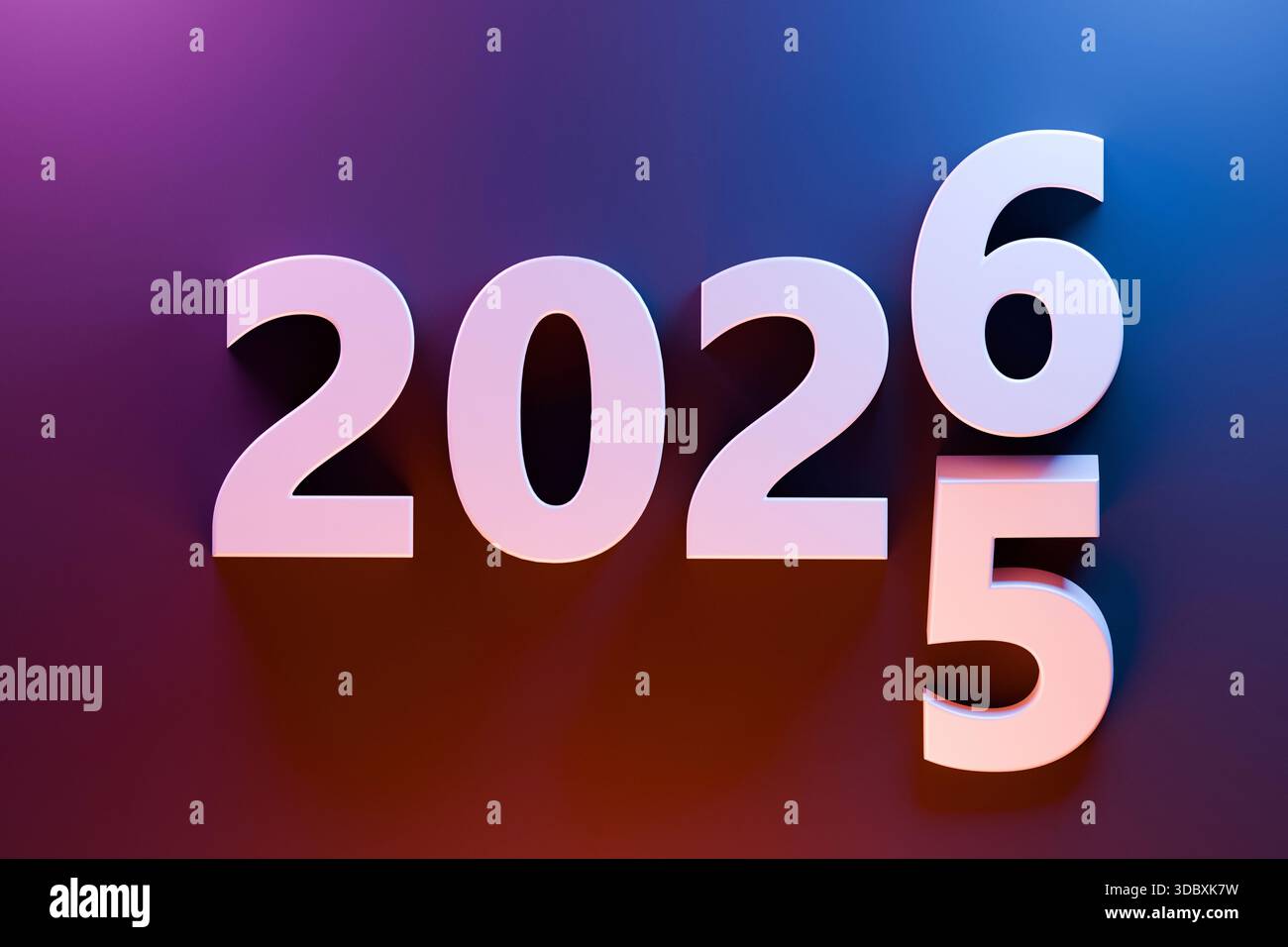 White 3D Numbers 2025 And 2026 On A Colorful Pink Blue Gradient Background, Symbolizing New Year Celebration, Time Change, Future, And New Beginnings. Stock Photo
