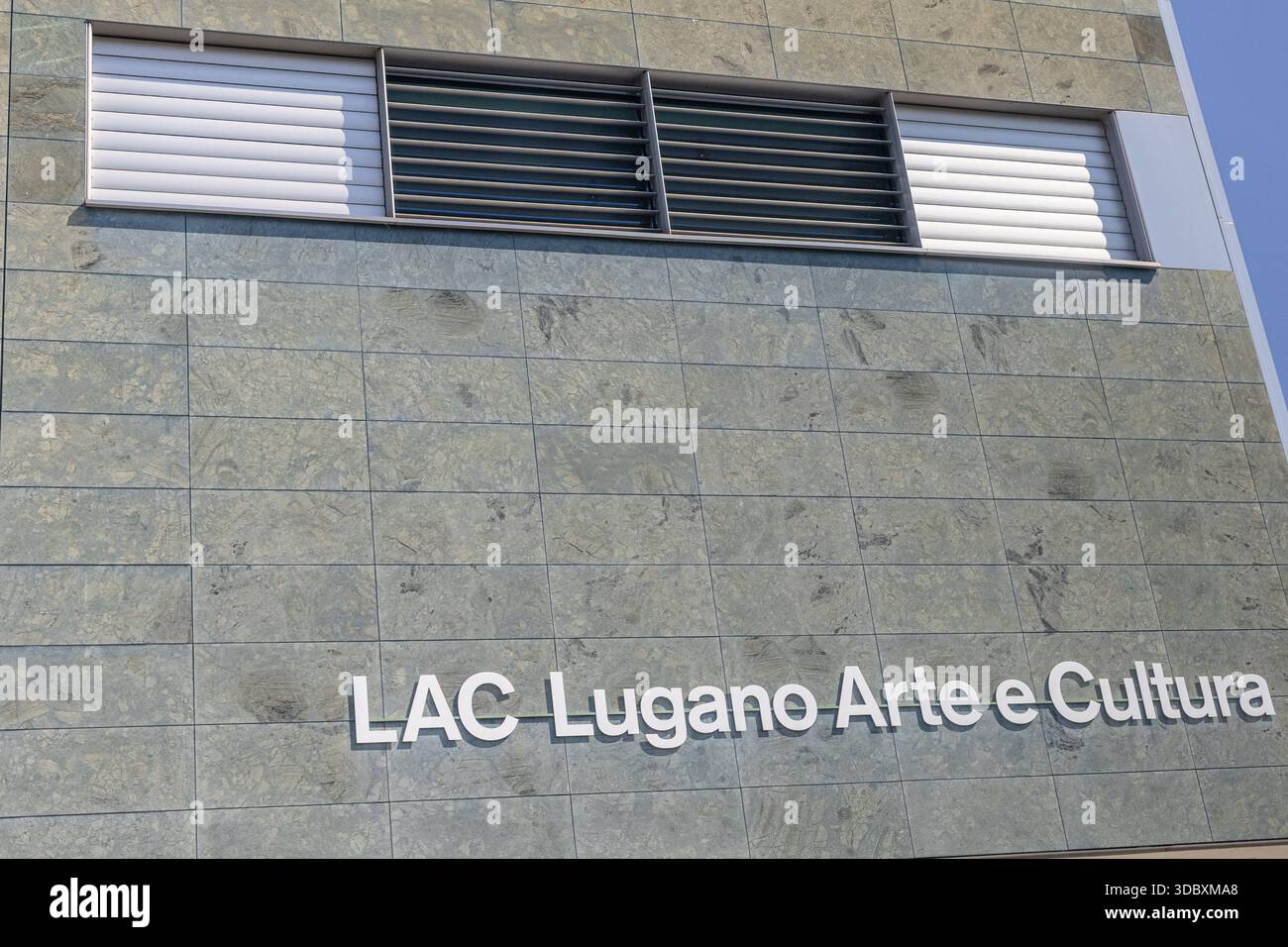 Lac Lettering LUGANO, SWITZERLAND, 06.20.2025:The exterior of LAC Lugano Arte e ...