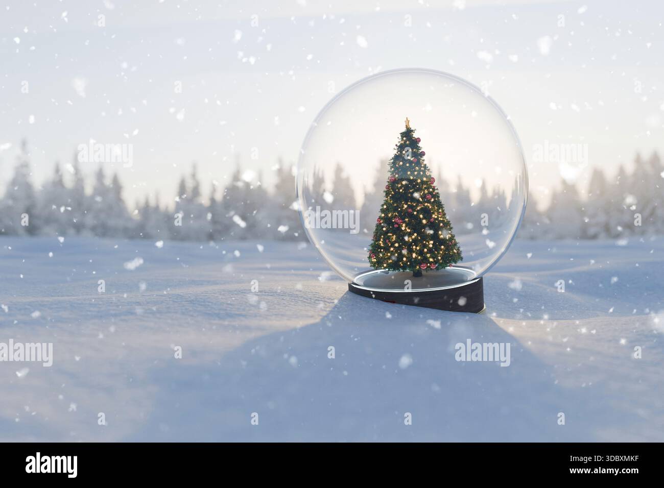 Festive Snow Globe Glass With A Decorated Christmas Tree In A Real ...
