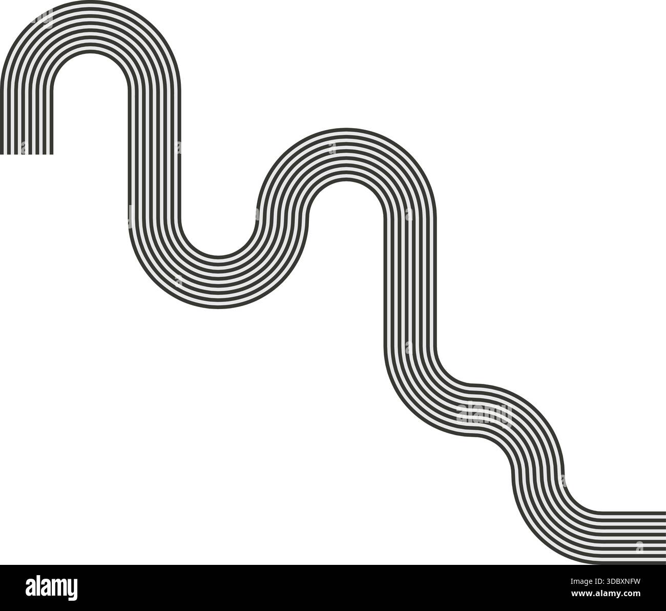 Striped path forming a freeform structure with wave motion and continuous curvature. Stock Vector