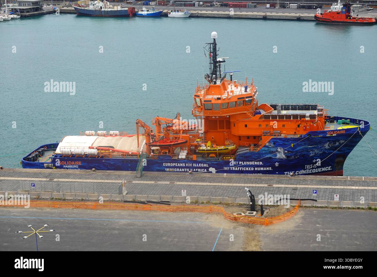 Solidaire the NGO immigrant rescue ship in the port of Catania, Sicily, Italy Stock Photo