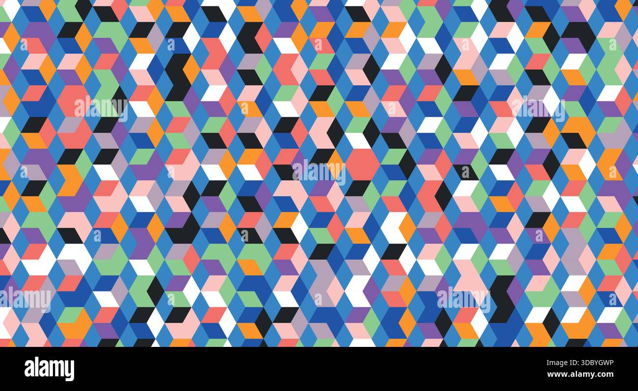 Vibrant abstract geometric seamless pattern featuring colorful isometric shapes design Stock Vector
