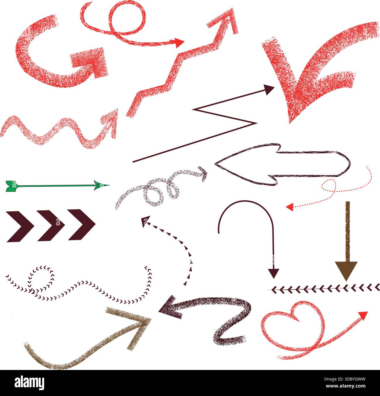 Collection of hand-drawn arrows and pointers in various colors and styles on a white background Stock Vector