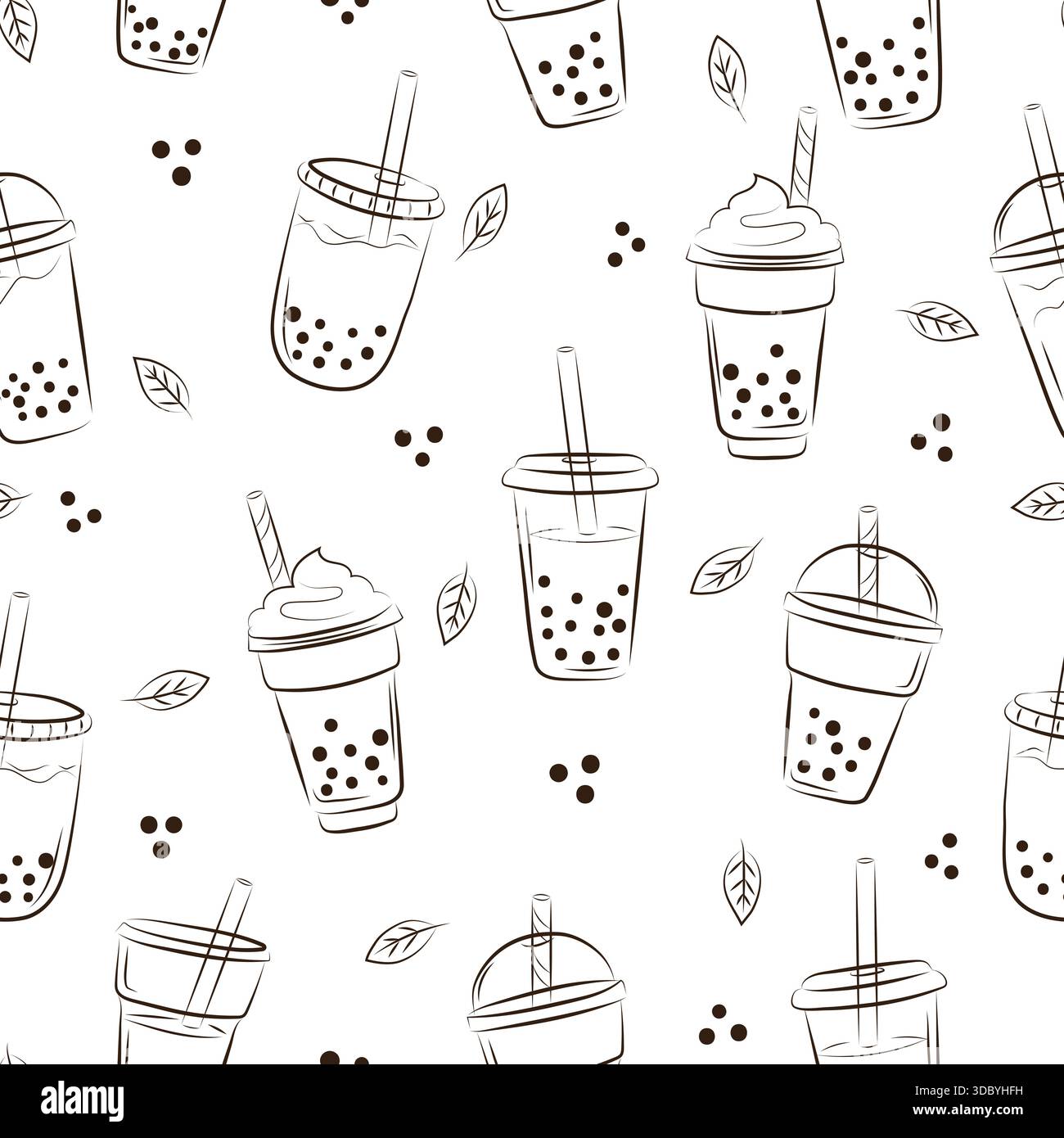 Seamless pattern with doodle bubble tea glasses. Vector cocktail drink illustration Stock Vector