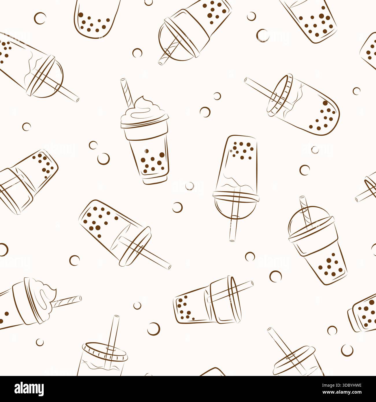 Doodle bubble tea glasses seamless pattern. Vector cocktail drink illustration Stock Vector