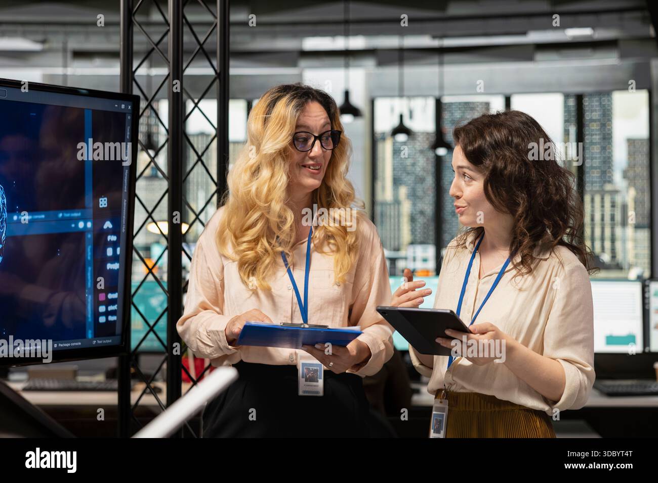 Team of coworkers using strategic artificial intelligence cloud computing to conduct data analysis, optimized decision making and project forecasting. Development with AI automation. Stock Photo