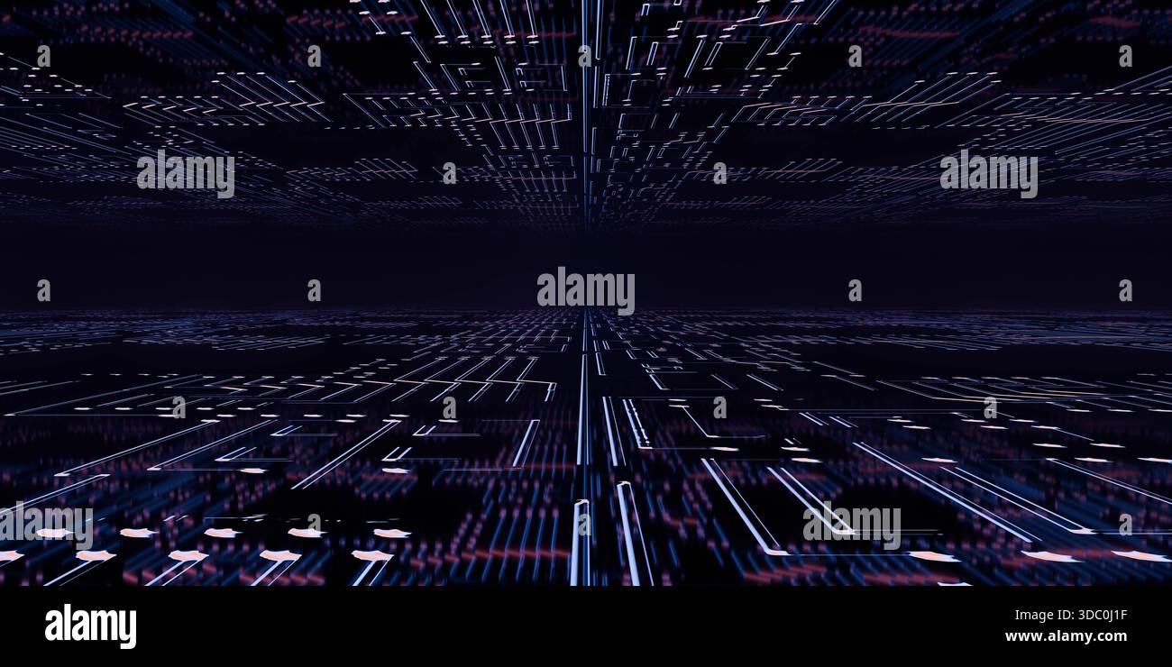 Futuristic digital landscape with glowing circuits Stock Photo