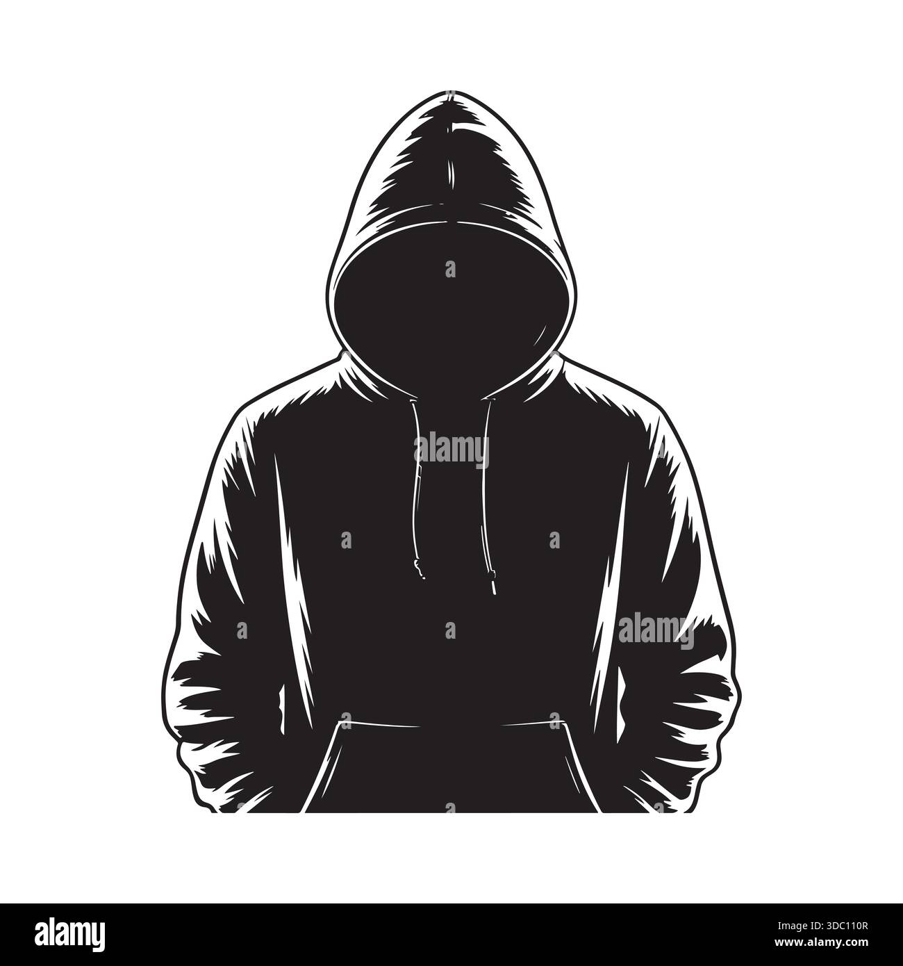 A stark black and white silhouette or line art of a hooded figure with ...