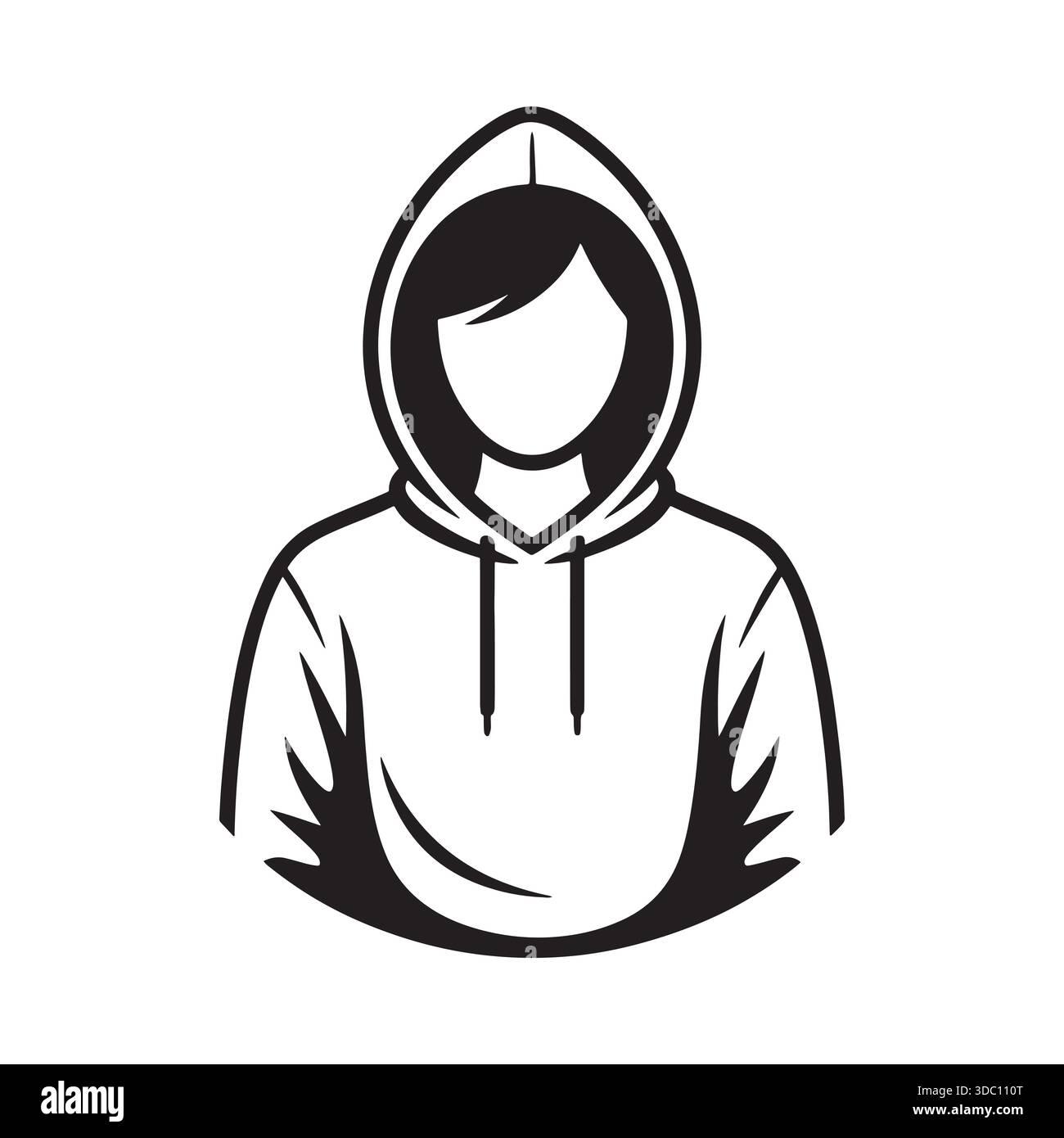 A stark black and white silhouette or line art of a hooded figure with ...