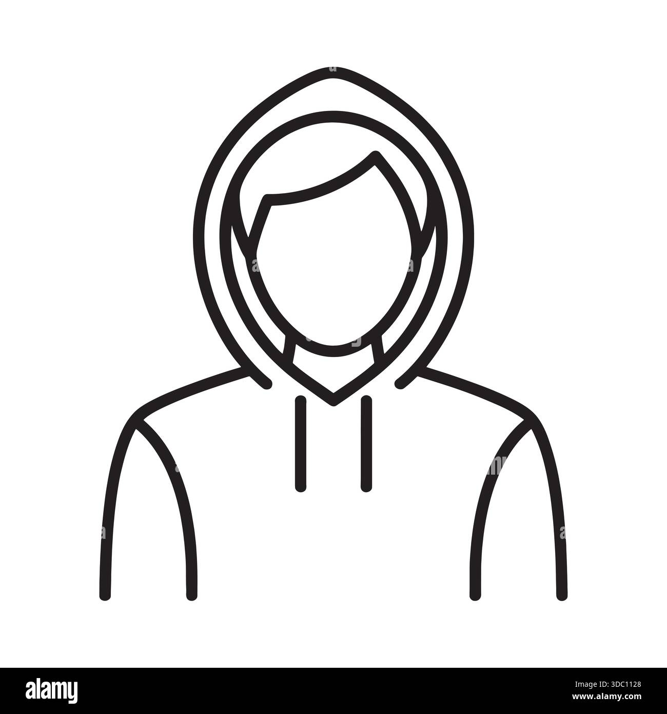 A stark black and white silhouette or line art of a hooded figure with ...