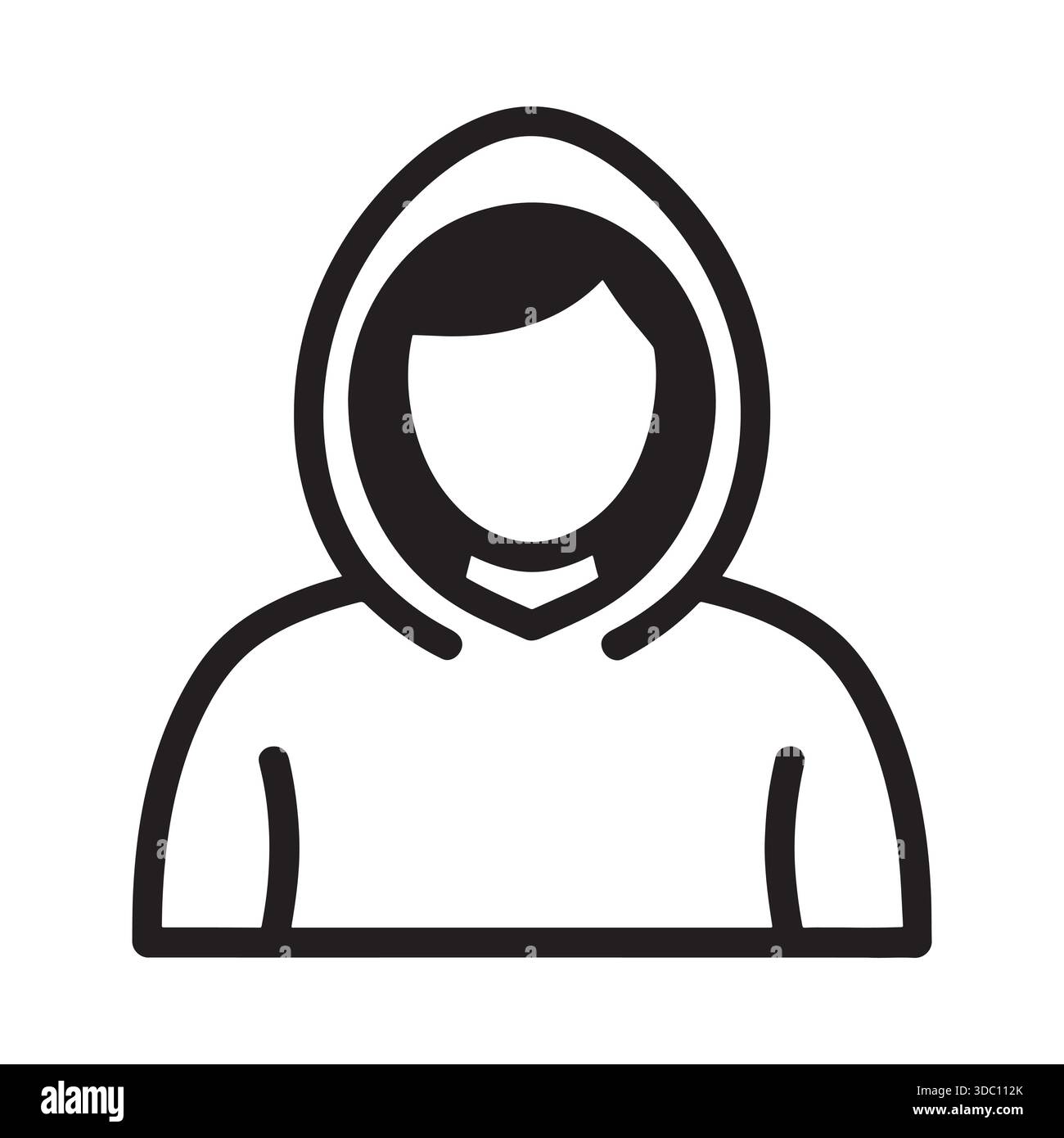 A stark black and white silhouette or line art of a hooded figure with ...