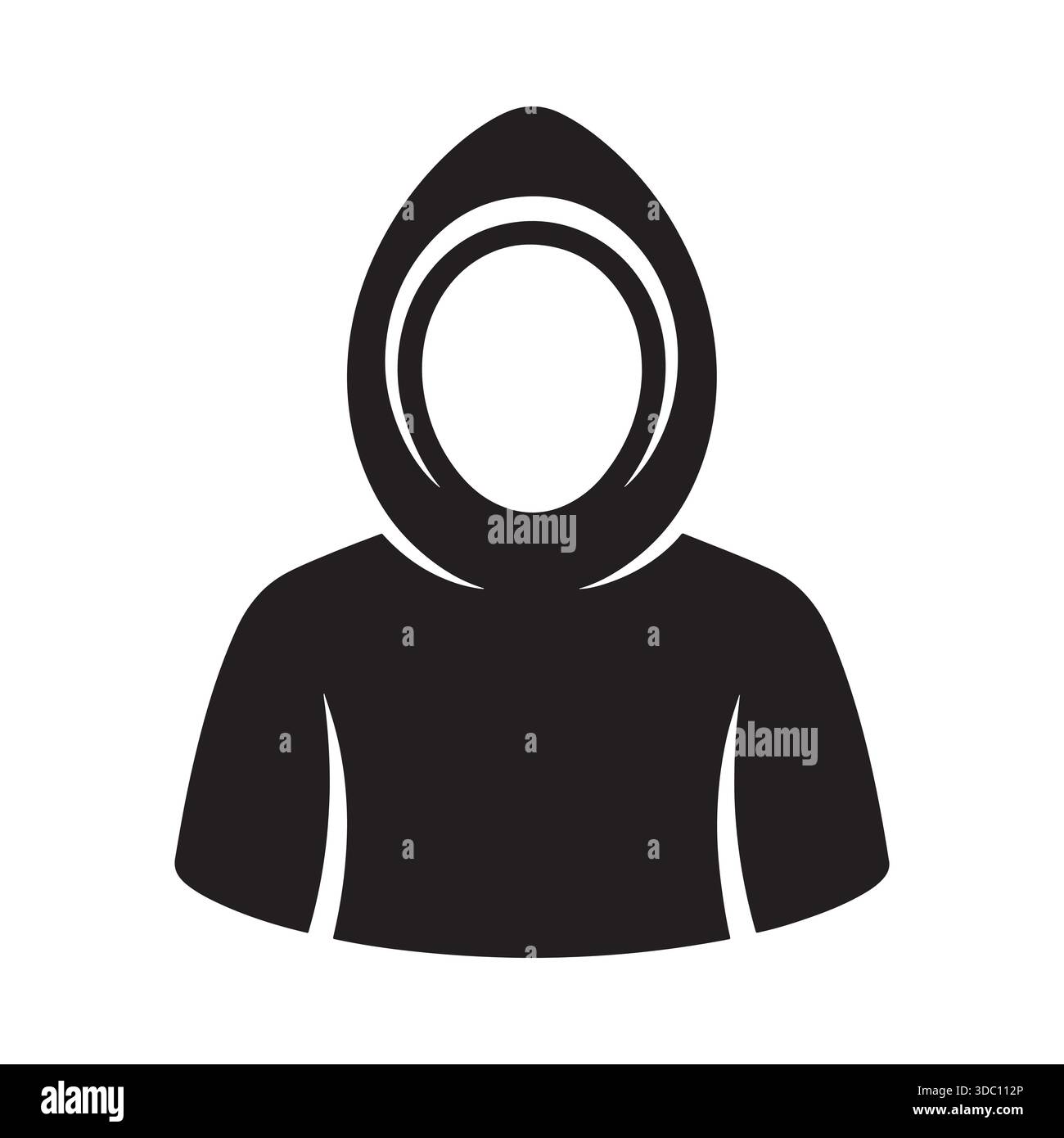 A stark black and white silhouette or line art of a hooded figure with ...