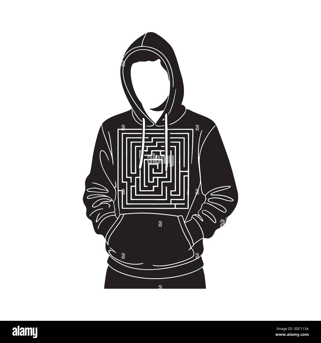A stark black and white silhouette or line art of a hooded figure with ...