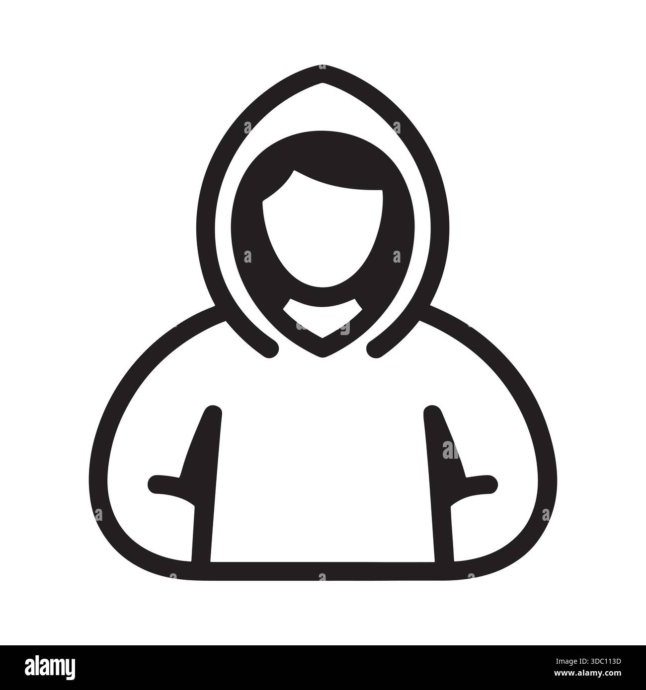 A stark black and white silhouette or line art of a hooded figure with ...