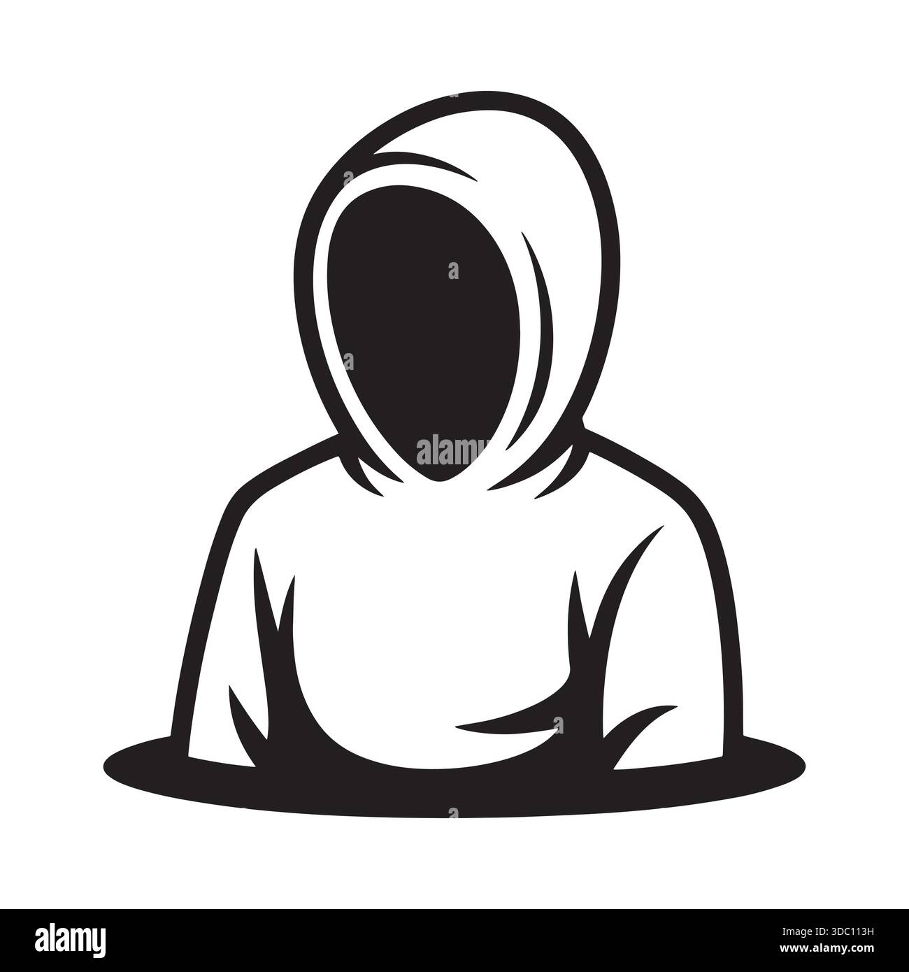 A stark black and white silhouette or line art of a hooded figure with ...