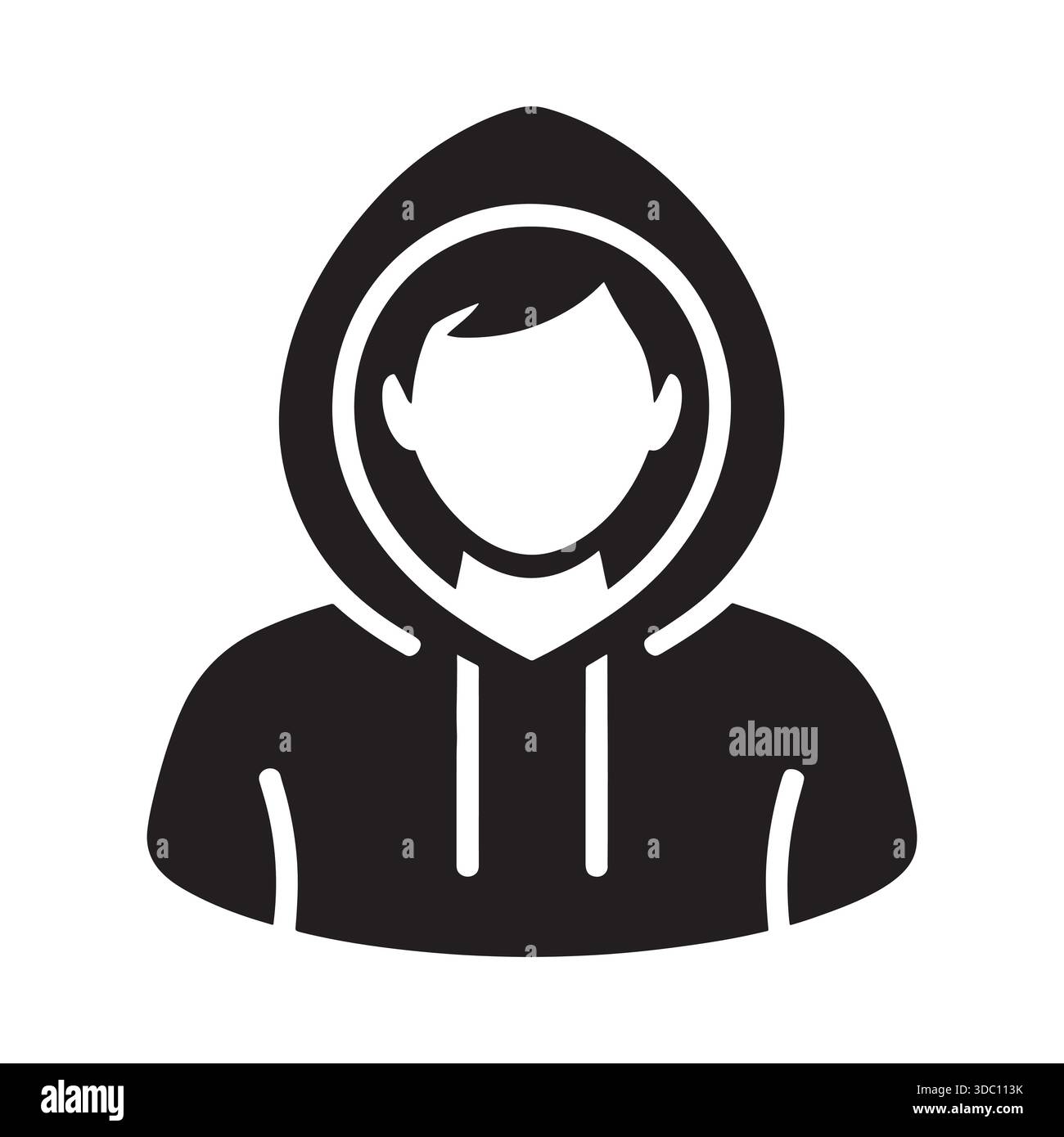 A stark black and white silhouette or line art of a hooded figure with ...