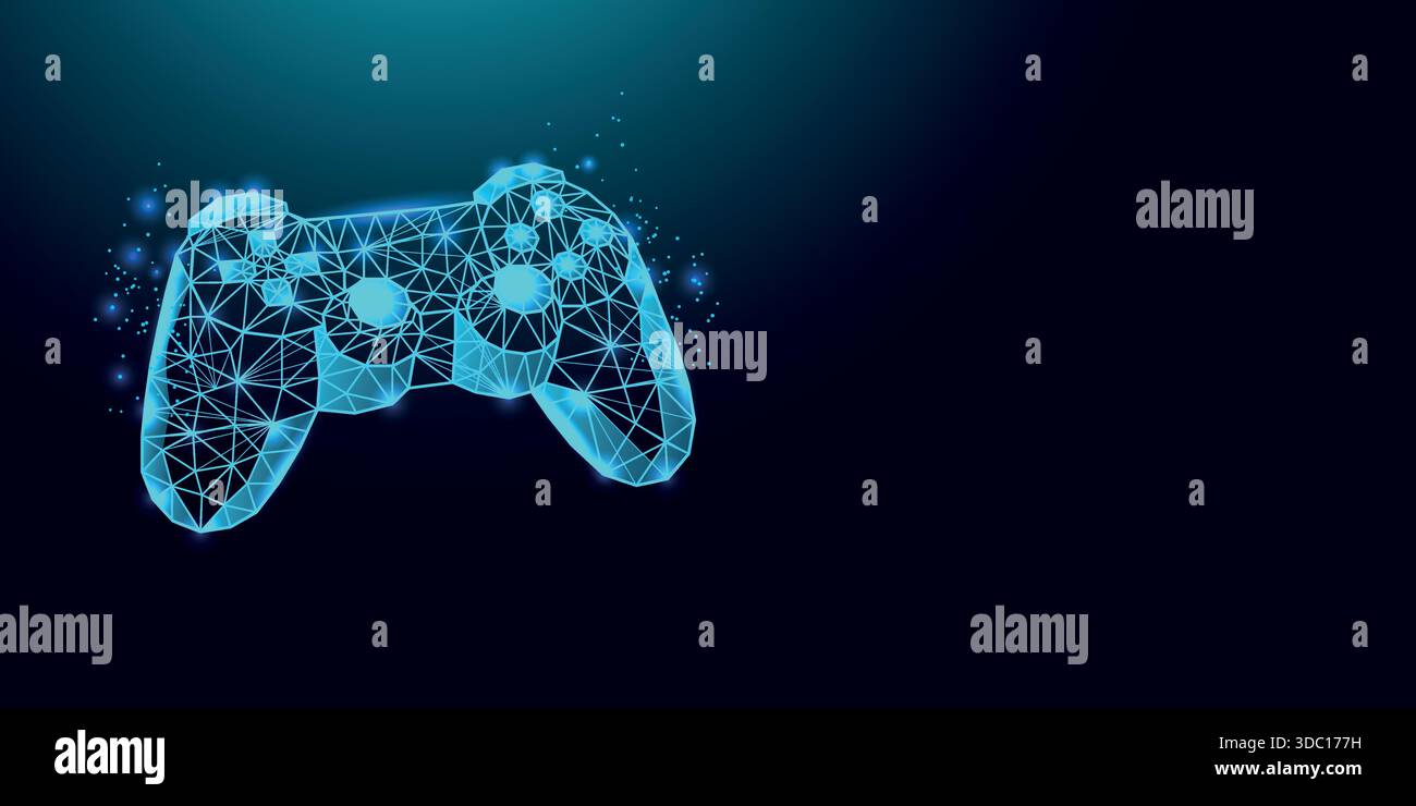 Low poly wireframe game controller on dark blue background. Stock Vector