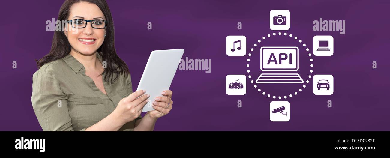 Woman using digital tablet with api concept on background Stock Photo
