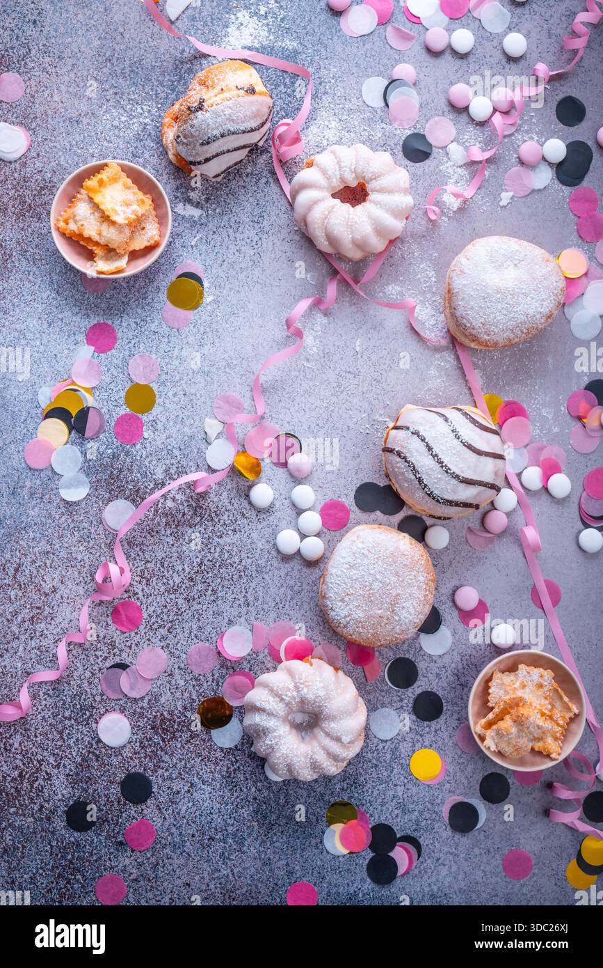 Colorful donuts, berliner and pastries for party and carnival Stock Photo