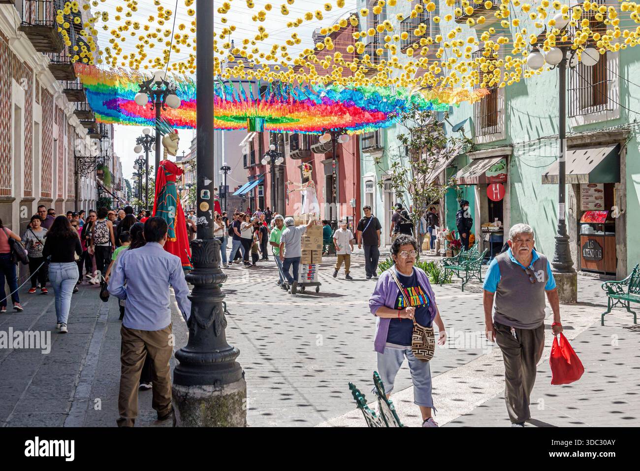 Colorful colonial architecture and Day of the Dead decorations in
