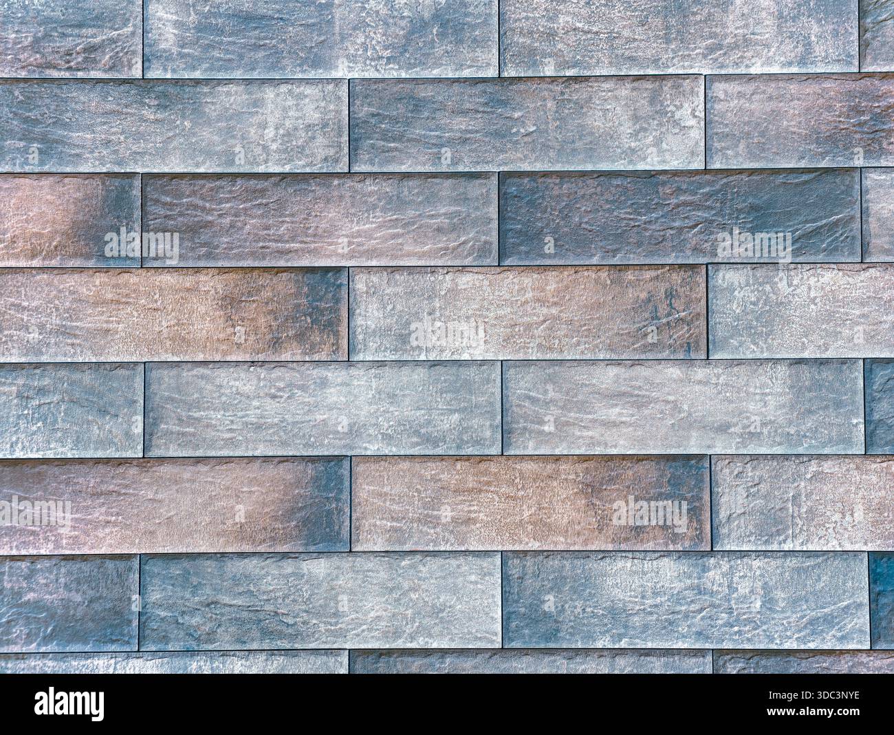 Blue Gray Textured Brick Wall with Rectangular Pattern for Modern Architectural Design Copy Space Background Stock Photo