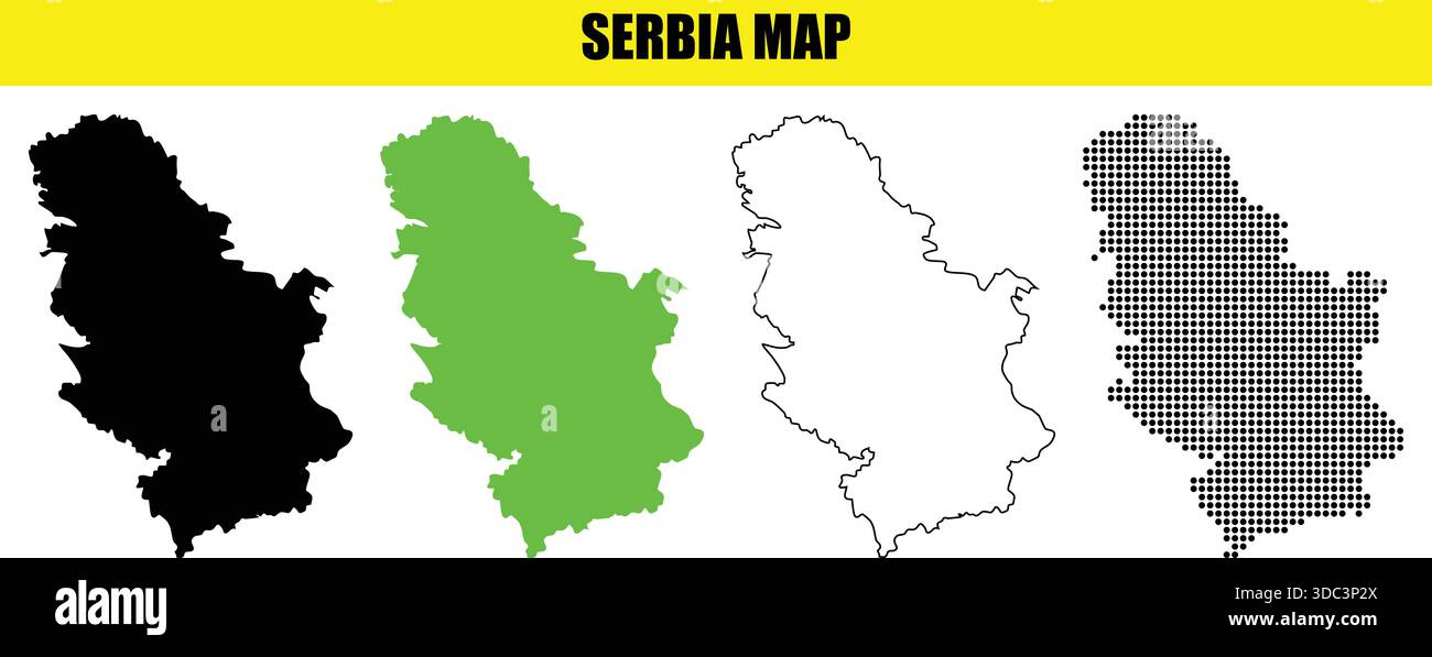 Serbia map in four different styles including solid black, bright green, outline, and dot pattern on white background Stock Vector