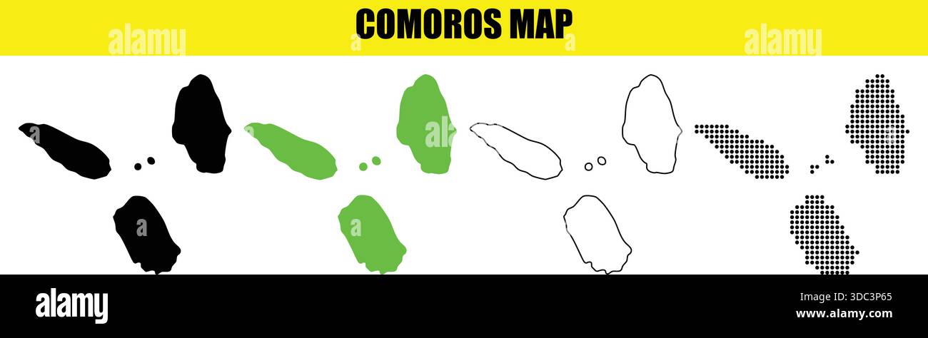 Comoros islands map graphic illustrations showing different styles including solid black outline and dotted representations Stock Vector
