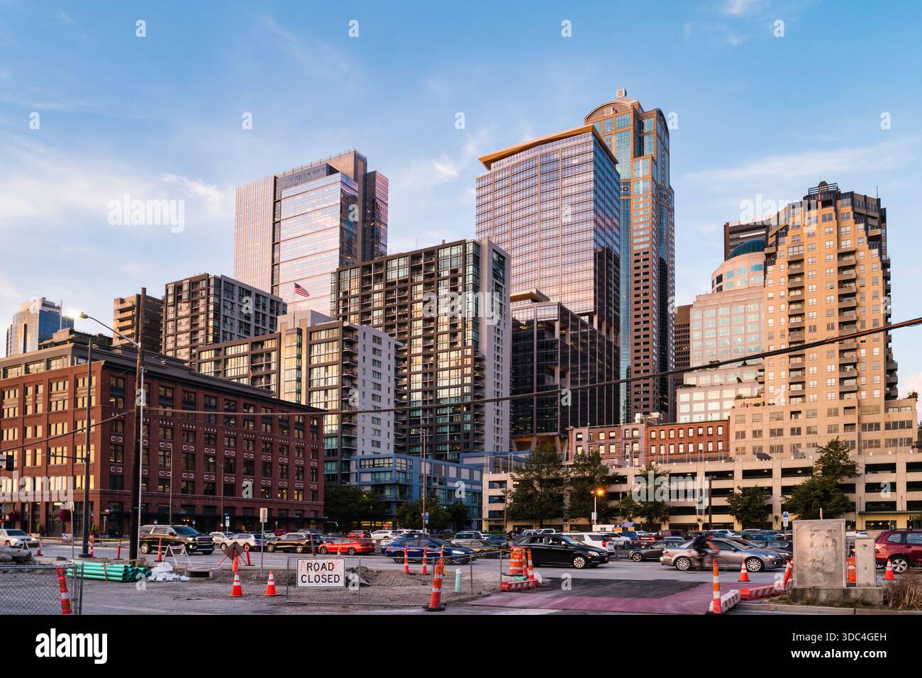 Road construction in downtown Seattle, Washington, USA. Stock Photo