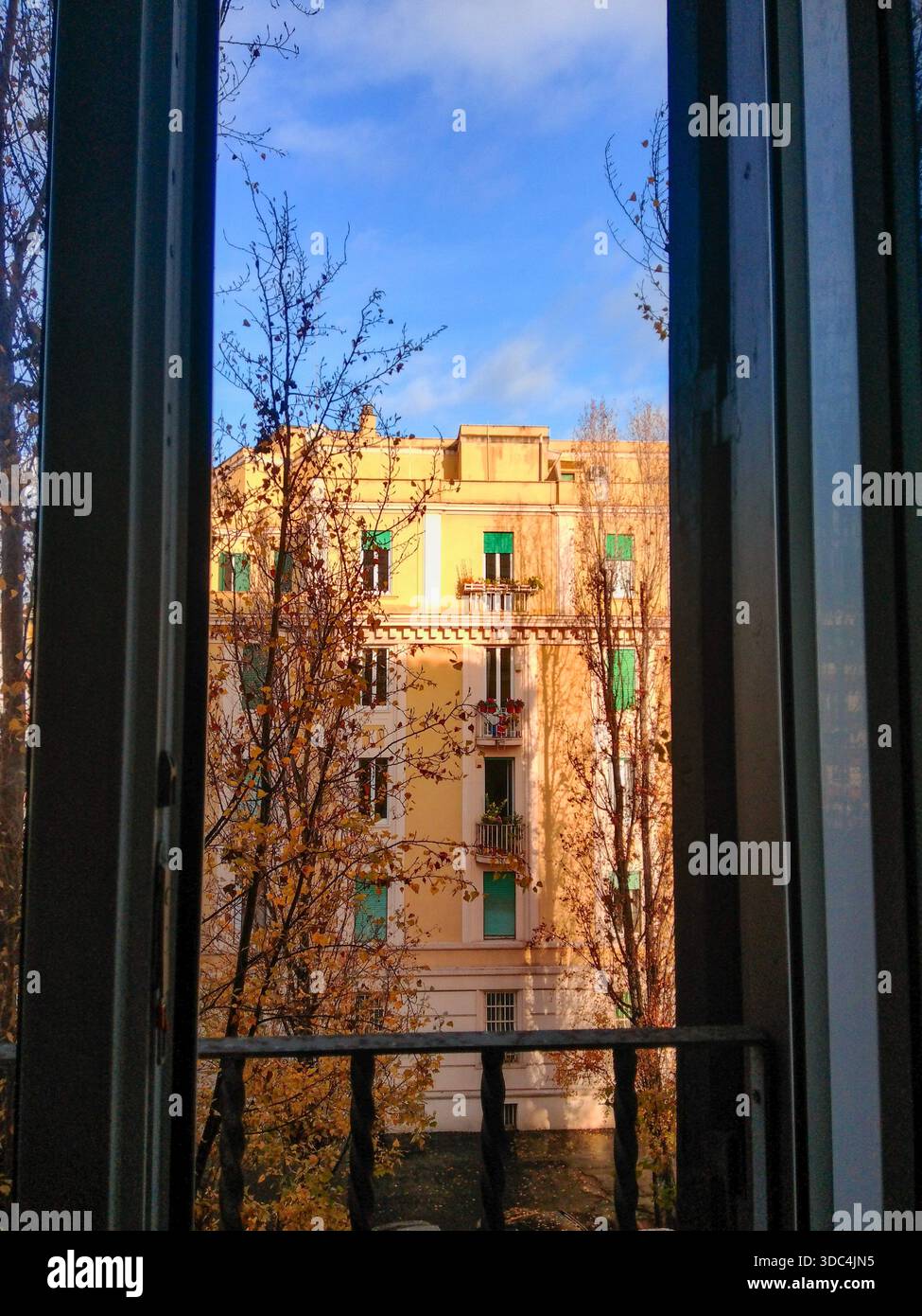 The facade of a palace and trees seen through a window during a winter ...