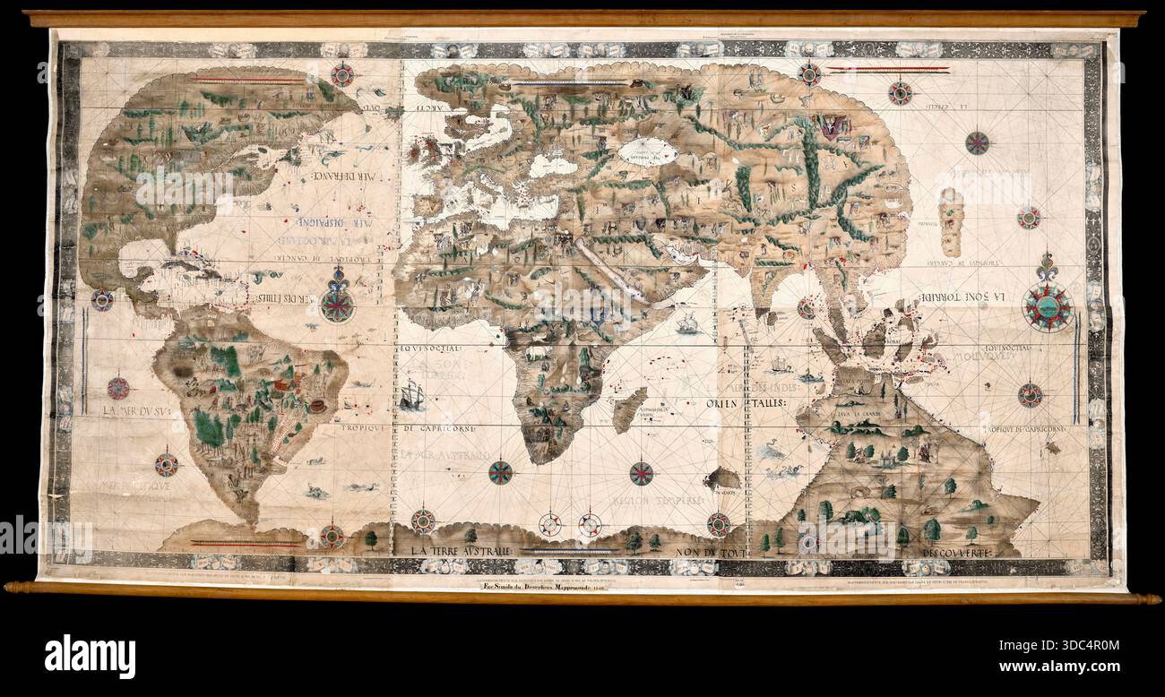 World map by Décéliers, 1546. World map painted on parchment by