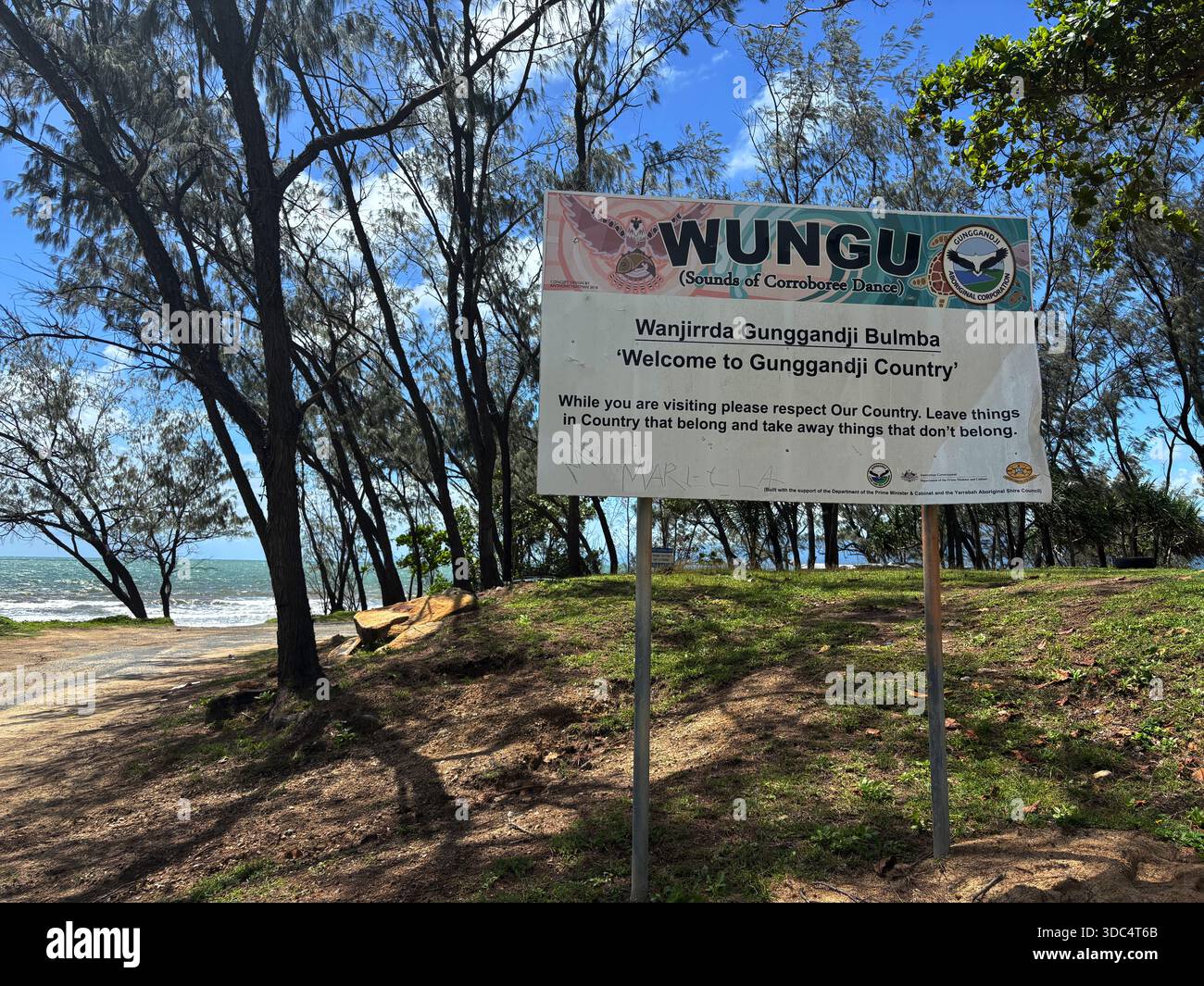 Sign asking for respect for Country, Wungu Beach, Yarrabah Aboriginal Shire, far north Queensland, Australia. No PR - Smartphone Captured Stock Image