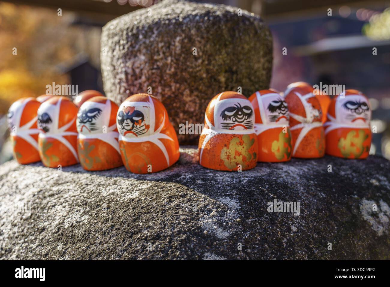 Several Daruma figures in a row with vivid colors on a stone base