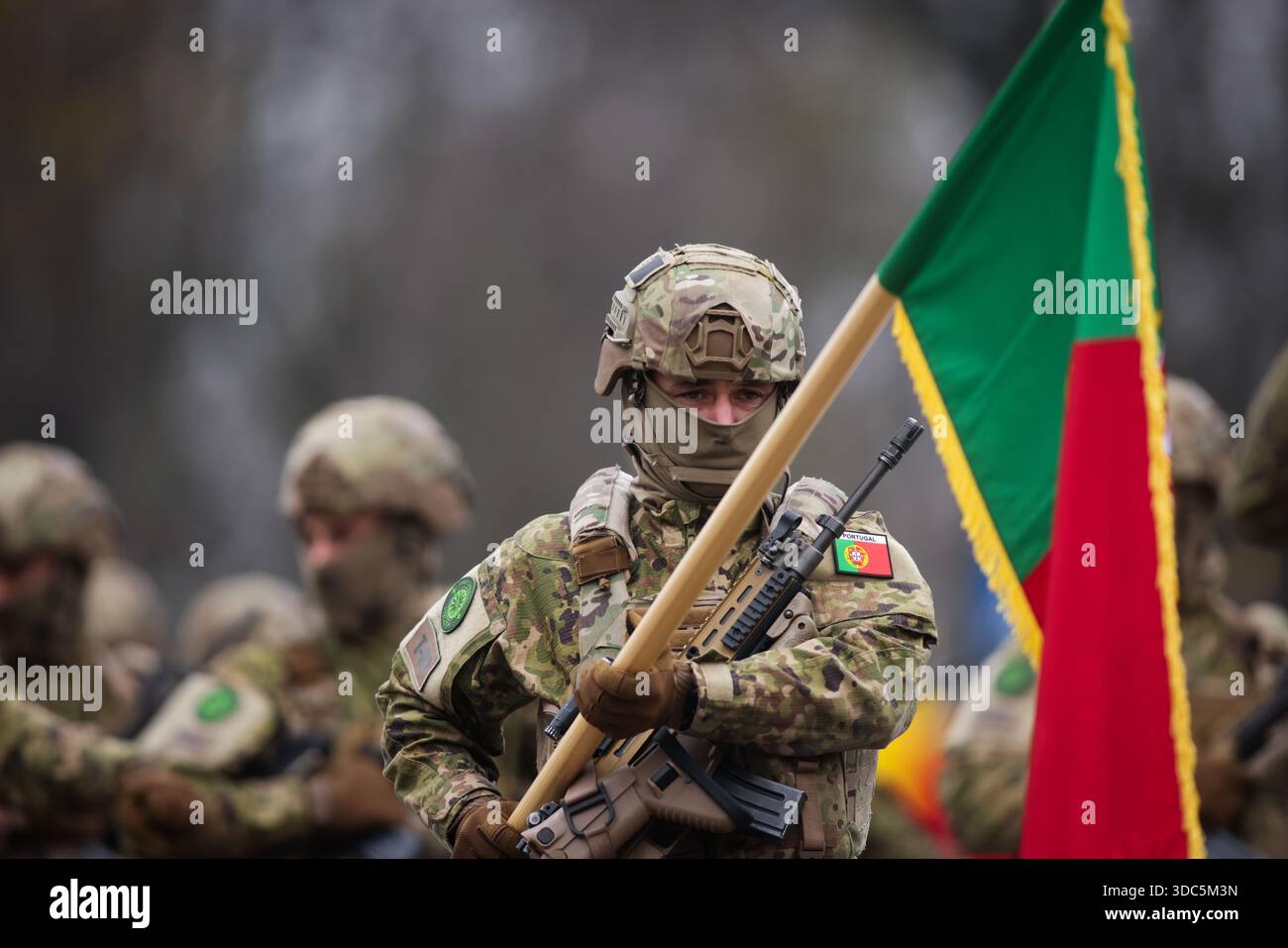 Bucharest, Romania - December 1, 2025: Portuguese soldiers attend the Romanian National Day military parade. Stock Photo