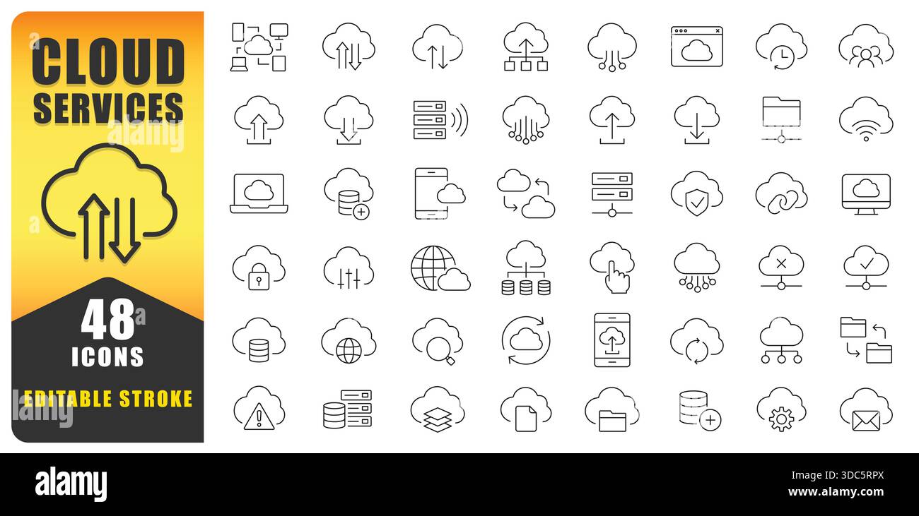 Modern Cloud Services Line Icon Set Featuring Editable Stroke Icons For Cloud Computing, Storage, Sync, Security, Backup, Network, And Data Management Stock Vector