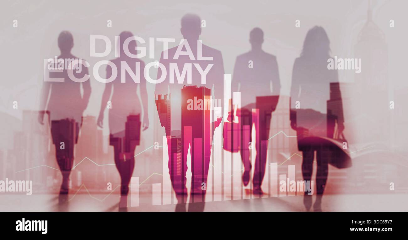Digital economy concept with futuristic technology interface and data flow visualization. Stock Photo