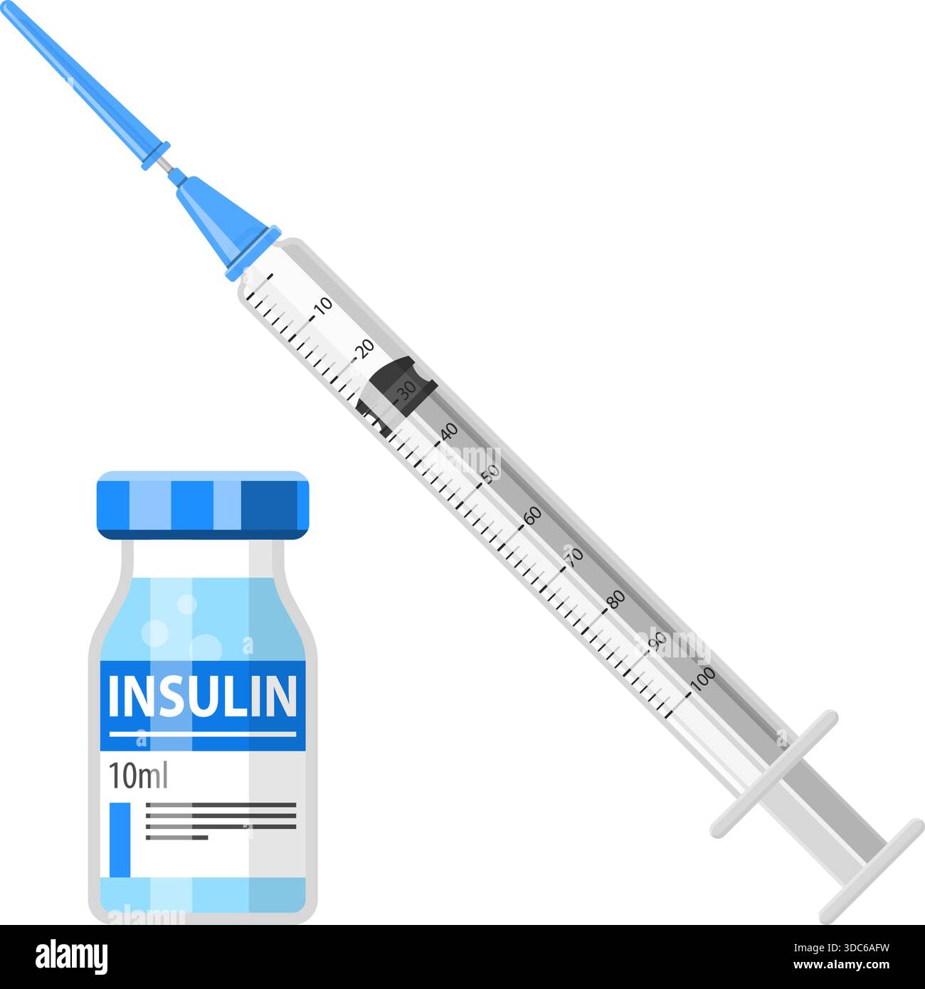 Control your Diabetes concept. Insulin syringe and insulin vial. flat ...