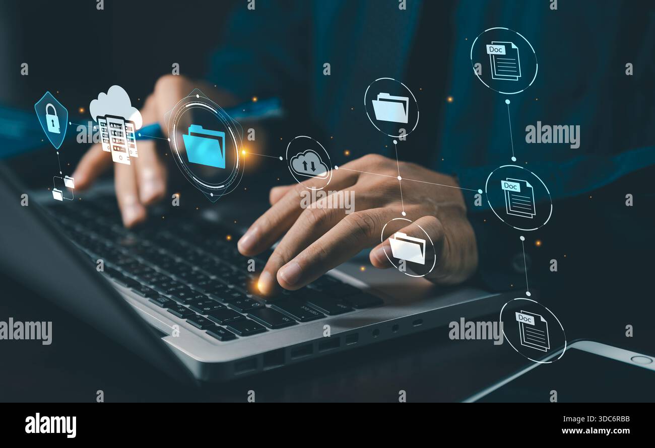 DMS Document Management System concept. Data storage. Businessman using a tablet and touching folder icon to search on databases with virtual screen. Stock Photo