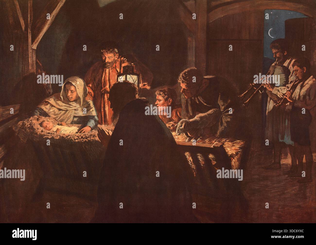 Szene aus der biblischen Geschichte, Anbetung der Hirten, eine zentrale Szene der Weihnachtsgeschichte, die unmittelbar auf die Geburt Jesu folgt, aut Stock Photo