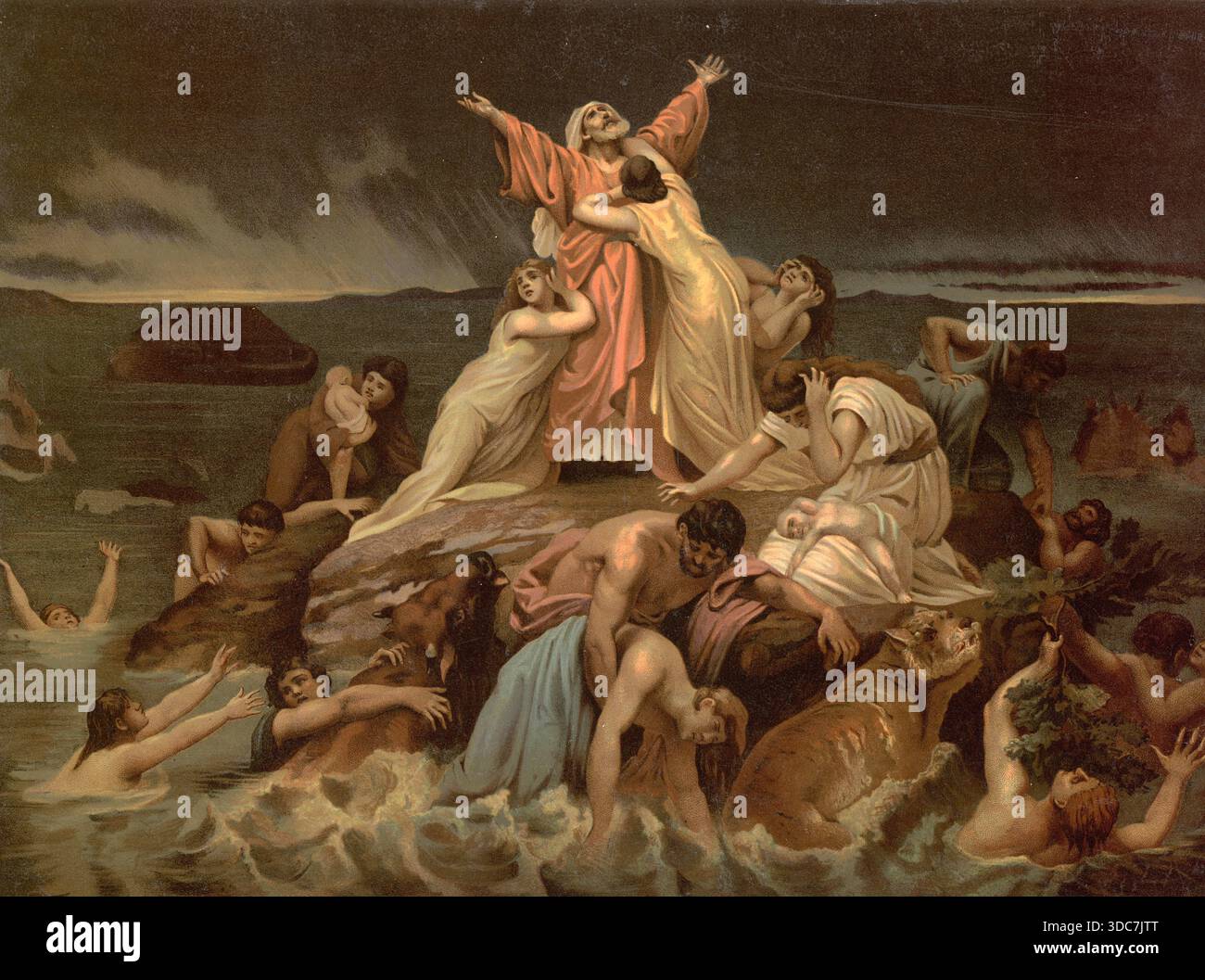 Scene from the biblical story, The Flood, a worldwide flood to cleanse ...