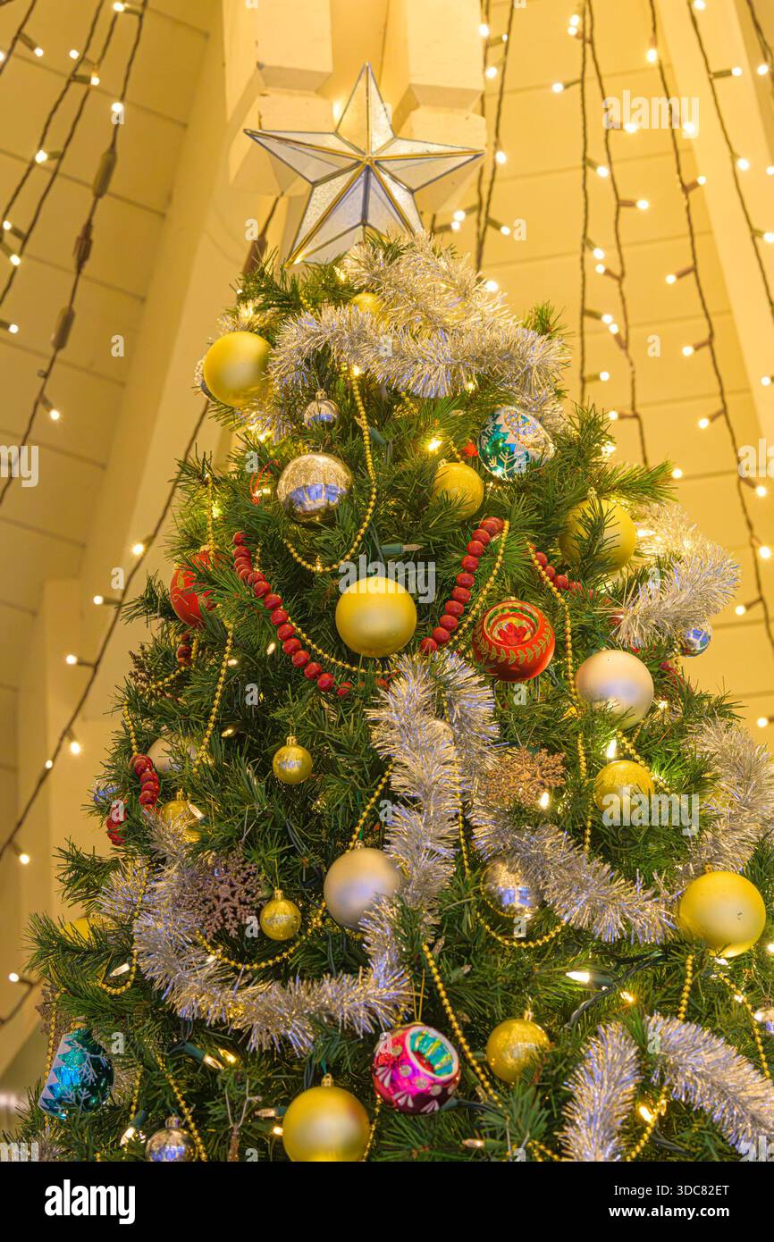 Decorated Christmas Tree with star Stock Photo