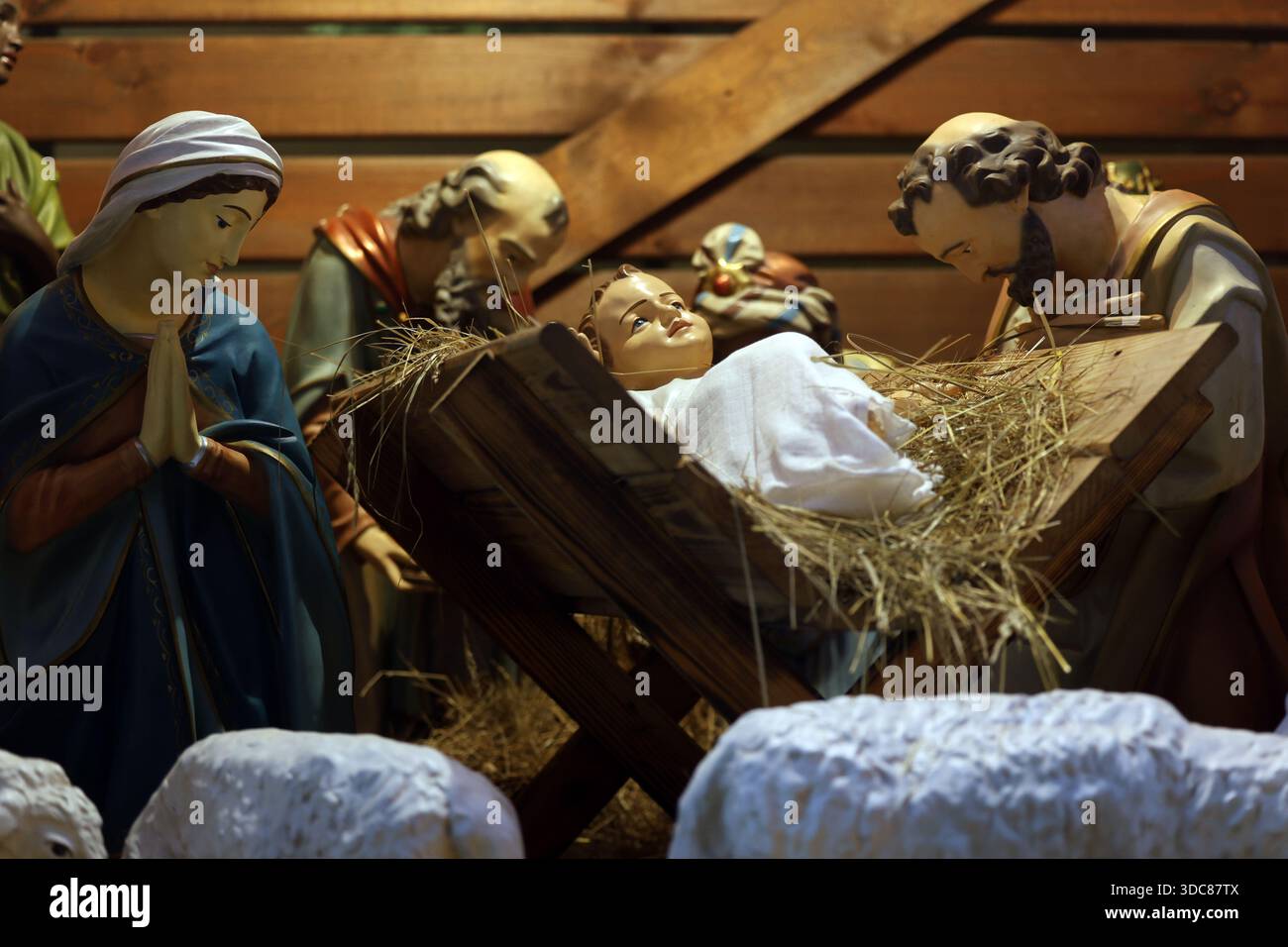 Traditional Nativity Scene with Baby Jesus in manger and Holy Family ...