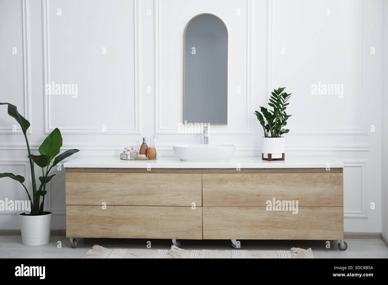 Bathroom with stylish mirror, vessel sink and houseplants. Interior design Stock Photo