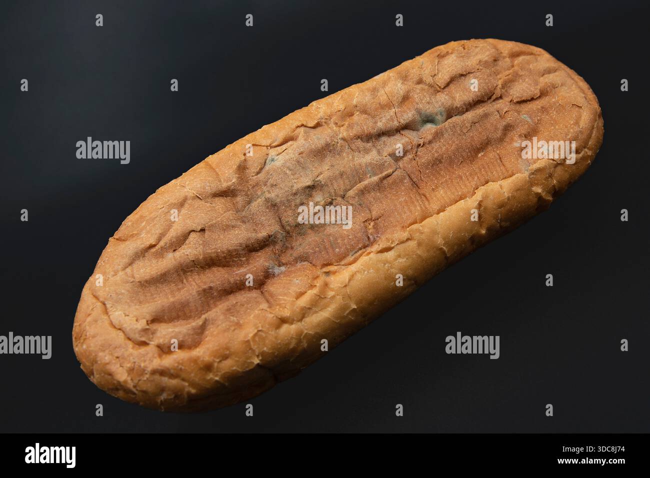 Moldy white bread loaf isolated on black background showing fungal ...