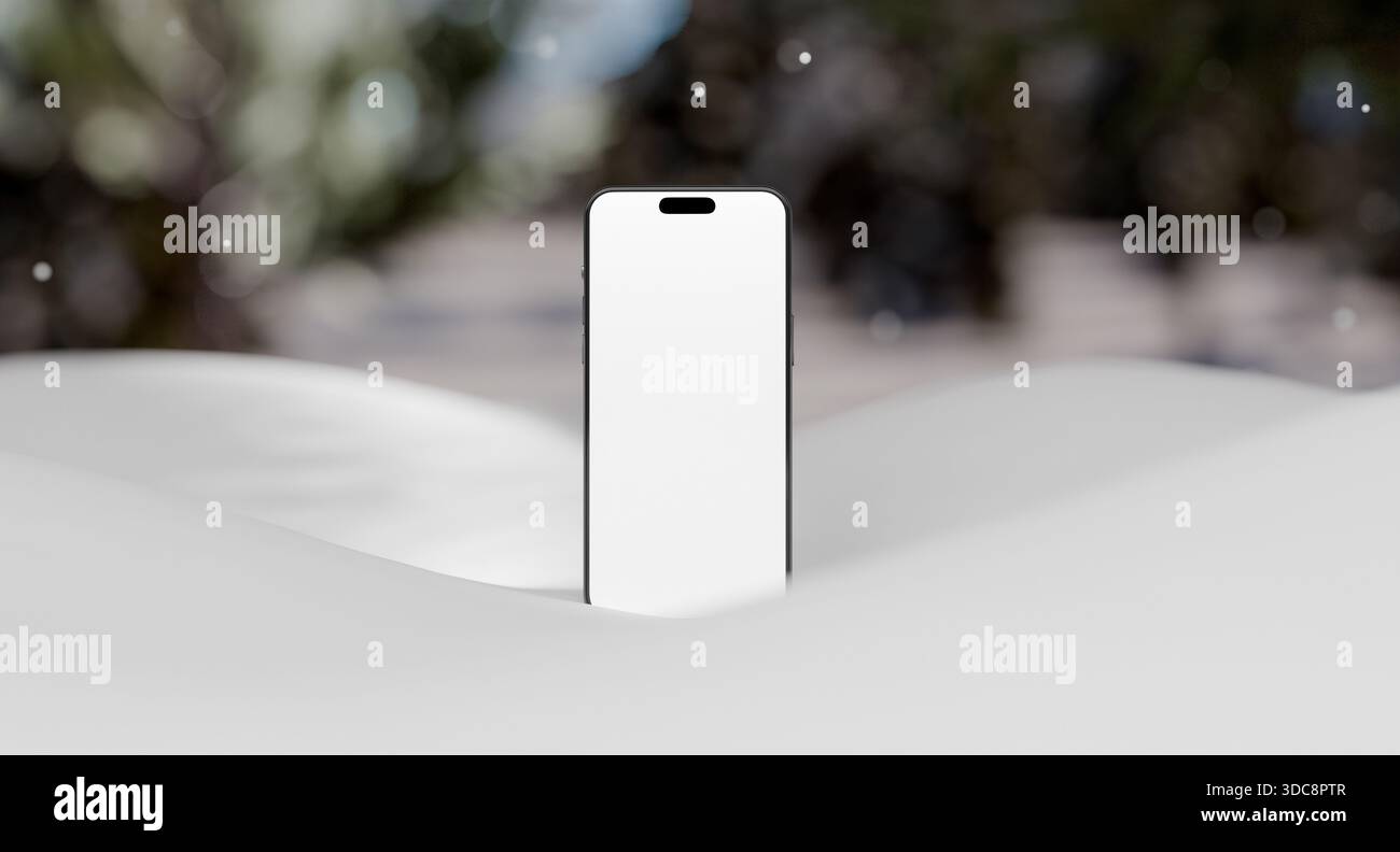 Mobile phone with blank screen in the snow. Winter natural landscape. High resolution rendering. Stock Photo